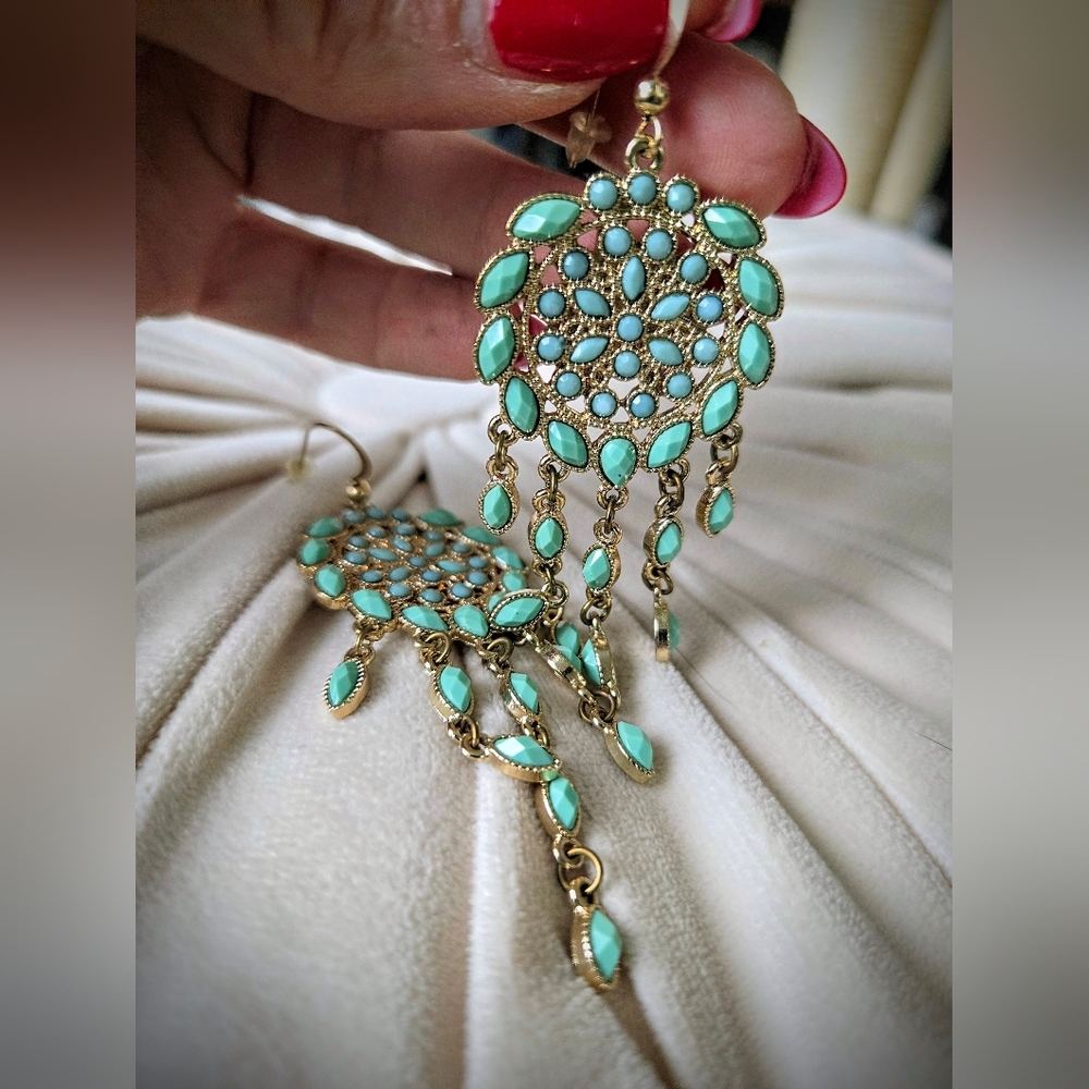 Equisite Gold and Turquoise Dream Catcher Drop Earrings - Picture 2 of 4